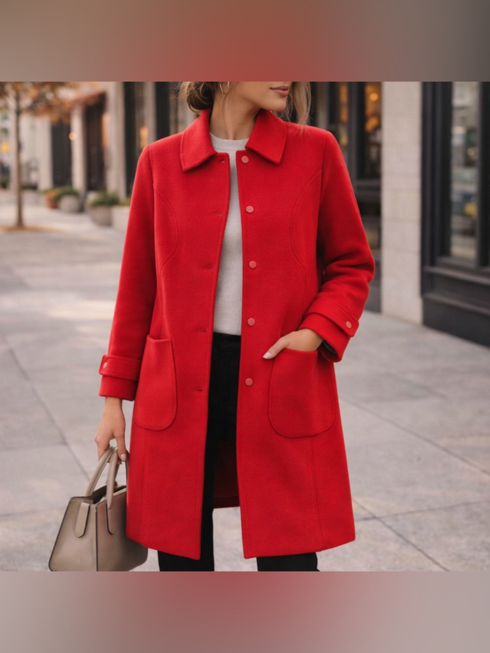 Red Wool Blend Coat Snap Front Mid-Length Jacket Pockets Size M